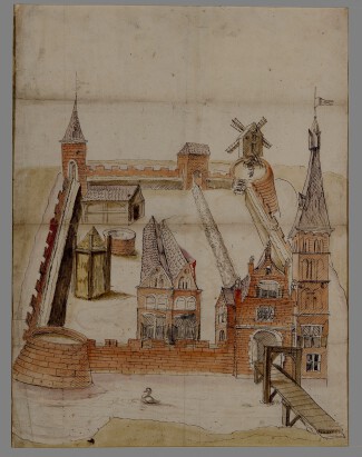 Tekening van Kasteel Schuilenburg in de 16e eeuw uit een handschrift van de Rekenkamer van Gelre, auteur onbekend